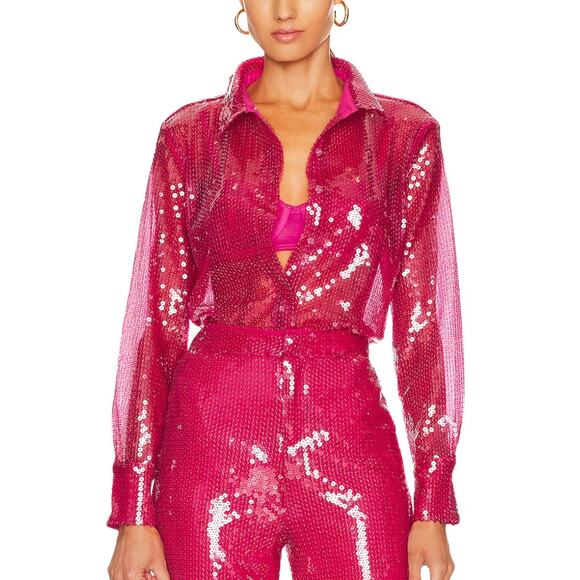Revolve Barbie Pink Sequin Button Down Top XS More to Come Wyatt Shirt $88 NEW - Picture 1 of 10